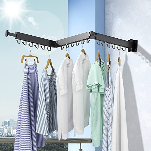 ETiME Wall Mounted Clothes Hanger Rack, Retractable Clothes Drying Rack,Space-Saver, Laundry Drying Rack,Collapsible, for Laundry,Balcony, Mudroom, Bedroom, Black