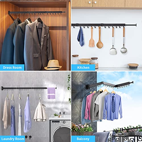 ETiME Wall Mounted Clothes Hanger Rack, Retractable Clothes Drying Rack,Space-Saver, Laundry Drying Rack,Collapsible, for Laundry,Balcony, Mudroom, Bedroom, Black