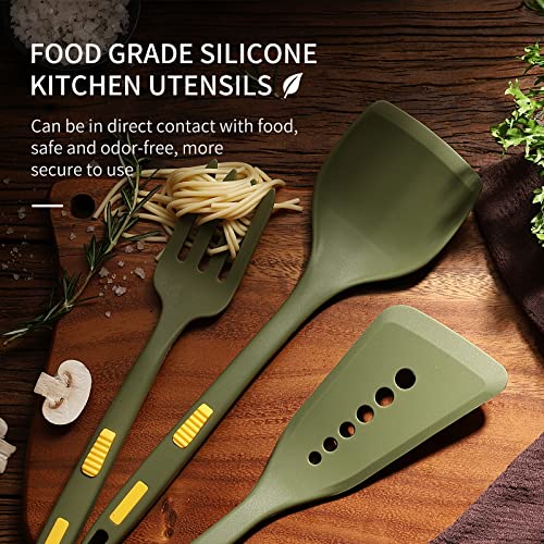KONOLL Silicone Spatula Set for Nonstick Cookware, Cooking Fork to Stir Mix Mash, Kitchen Utensils Set - 460°F Heat Resistant, 3pcs Green Flexible Kitchen Slotted Spatula, Dishwasher Safe