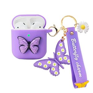 compatible with airpods 2nd & 1st generation case cover cute, silicone airpod case with keychain butterfly, kawaii apple airpod cases gen 2 1 for women girls, protective accessories, purple