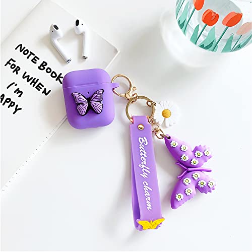 Compatible with Airpods 2nd & 1st Generation Case Cover Cute, Silicone Airpod Case with Keychain Butterfly, Kawaii Apple Airpod Cases Gen 2 1 for Women Girls, Protective Accessories, Purple