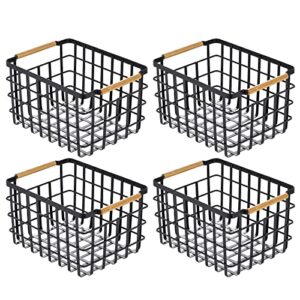 mDesign Metal Wire Closet Storage Basket Bin Organizer with Wood Handles for Bedroom, Bathroom, Mudroom, Entryway, Hallway, or Linen Closet Organization - Yami Collection - 4 Pack, Matte Black/Natural