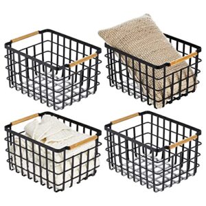 mdesign metal wire closet storage basket bin organizer with wood handles for bedroom, bathroom, mudroom, entryway, hallway, or linen closet organization - yami collection - 4 pack, matte black/natural