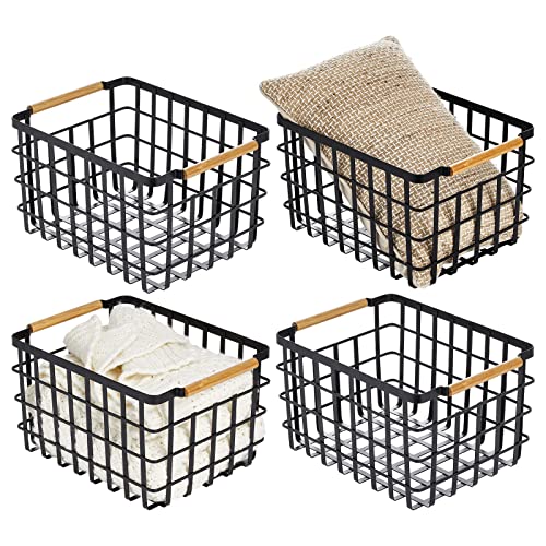 mDesign Metal Wire Closet Storage Basket Bin Organizer with Wood Handles for Bedroom, Bathroom, Mudroom, Entryway, Hallway, or Linen Closet Organization - Yami Collection - 4 Pack, Matte Black/Natural