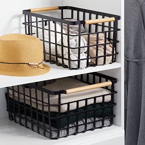 mDesign Metal Wire Closet Storage Basket Bin Organizer with Wood Handles for Bedroom, Bathroom, Mudroom, Entryway, Hallway, or Linen Closet Organization - Yami Collection - 4 Pack, Matte Black/Natural