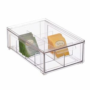 mdesign plastic kitchen and pantry organizer with divided drawer - stackable bin with 8 sections for tea and snack food - perfect for organizing cabinet, fridge - lumiere collection - clear