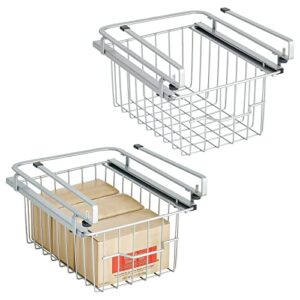 mdesign metal wire extra small hanging basket pullout drawer w/handle; sliding under shelf storage organizer rack for kitchen, cabinet, pantry; attaches to shelves, easy install - 2 pack - silver