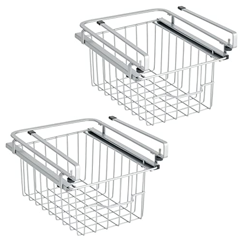 mDesign Metal Wire Extra Small Hanging Basket Pullout Drawer w/Handle; Sliding Under Shelf Storage Organizer Rack for Kitchen, Cabinet, Pantry; Attaches to Shelves, Easy Install - 2 Pack - Silver