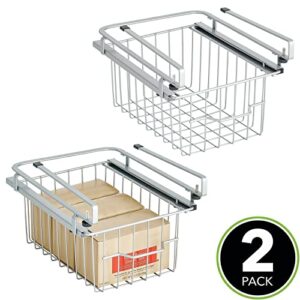 mDesign Metal Wire Extra Small Hanging Basket Pullout Drawer w/Handle; Sliding Under Shelf Storage Organizer Rack for Kitchen, Cabinet, Pantry; Attaches to Shelves, Easy Install - 2 Pack - Silver