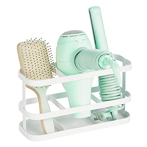 mDesign 3-Section Oval Bathroom Wall Mounted Hair Tool Storage Organizer - Metal Accessory Basket - Hanging Holder for Hair Dryer, Straightener, and Curling Iron - Carson Collection - White