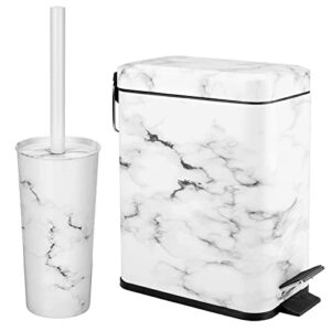 mDesign Metal Freestanding Slim Toilet Bowl Brush and Holder + Rectangle Narrow 5 Liter / 1.3 Gallon Step Pedal Trash Can Wastebasket for Bathroom - Small, Compact Design - Set of 2 - White Marble