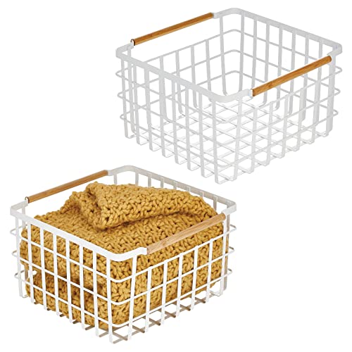 mDesign Metal Steel Wire Square Organizer Storage Basket w/Bamboo Handles for Closet, Shelves, Holds Linens, Blankets, Slippers, Scarves, Hats, Gloves - Yami Collection - 2 Pack - Matte White/Natural