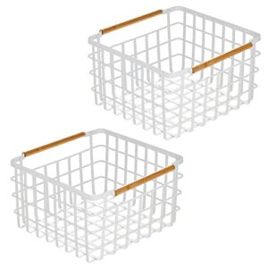 mDesign Metal Steel Wire Square Organizer Storage Basket w/Bamboo Handles for Closet, Shelves, Holds Linens, Blankets, Slippers, Scarves, Hats, Gloves - Yami Collection - 2 Pack - Matte White/Natural