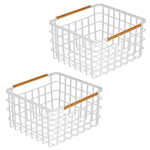 mDesign Metal Steel Wire Square Organizer Storage Basket w/Bamboo Handles for Closet, Shelves, Holds Linens, Blankets, Slippers, Scarves, Hats, Gloves - Yami Collection - 2 Pack - Matte White/Natural