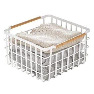 mDesign Metal Steel Wire Square Organizer Storage Basket w/Bamboo Handles for Closet, Shelves, Holds Linens, Blankets, Slippers, Scarves, Hats, Gloves - Yami Collection - 2 Pack - Matte White/Natural