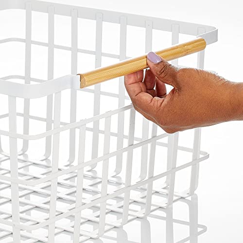 mDesign Metal Steel Wire Square Organizer Storage Basket w/Bamboo Handles for Closet, Shelves, Holds Linens, Blankets, Slippers, Scarves, Hats, Gloves - Yami Collection - 2 Pack - Matte White/Natural