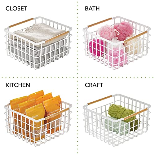 mDesign Metal Steel Wire Square Organizer Storage Basket w/Bamboo Handles for Closet, Shelves, Holds Linens, Blankets, Slippers, Scarves, Hats, Gloves - Yami Collection - 2 Pack - Matte White/Natural