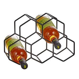 mdesign metal honeycomb tiered wine rack - minimalist bottle holder for kitchen countertop, pantry, or refrigerator space - wine, beer, pop/soda, water bottles, and juice, holds 5 bottles, matte black