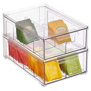 mdesign plastic kitchen and pantry organizer with divided drawer - stackable bin with 8 sections for tea and snack food - perfect for organizing cabinet, fridge - lumiere collection - 2 pack - clear