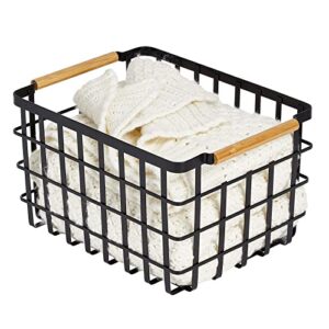 mdesign metal wire closet storage basket bin organizer with wood handles for bedroom, bathroom, mudroom, entryway, hallway, or linen closet organization - yami collection, matte black/natural