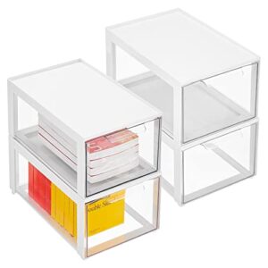 mdesign plastic stackable cosmetic storage organizer bin with pull out drawer for cabinet, vanity, shelf, cupboard, or cabinet organization - lumiere collection - 4 pack - white/clear