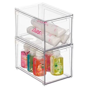 mdesign plastic stackable bathroom storage with pull out bin organizer drawer for cabinet, vanity, shelf, cupboard, cabinet, or closet organization - lumiere collection - 2 pack - clear