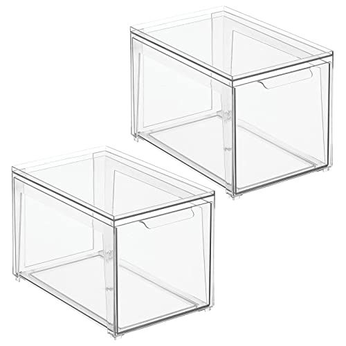 mDesign Plastic Stackable Bathroom Storage with Pull Out Bin Organizer Drawer for Cabinet, Vanity, Shelf, Cupboard, Cabinet, or Closet Organization - Lumiere Collection - 2 Pack - Clear