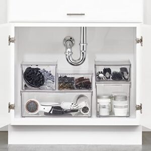 mDesign Plastic Stackable Bathroom Storage with Pull Out Bin Organizer Drawer for Cabinet, Vanity, Shelf, Cupboard, Cabinet, or Closet Organization - Lumiere Collection - 2 Pack - Clear