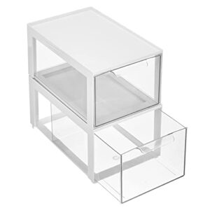 mDesign Plastic Stackable Cosmetic Storage Organizer Bin with Pull Out Drawer for Cabinet, Vanity, Shelf, Cupboard, or Cabinet Organization - Lumiere Collection - 2 Pack - White/Clear