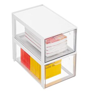 mdesign plastic stackable cosmetic storage organizer bin with pull out drawer for cabinet, vanity, shelf, cupboard, or cabinet organization - lumiere collection - 2 pack - white/clear