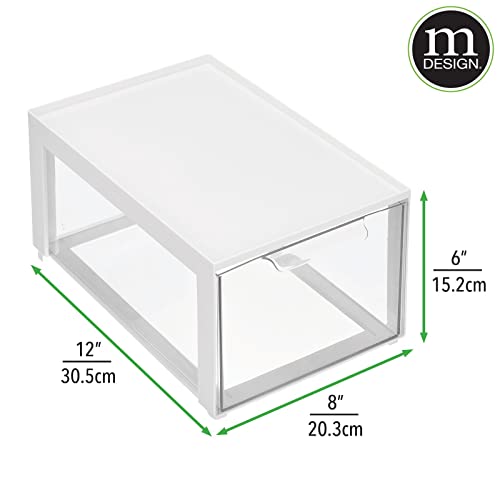 mDesign Plastic Stackable Cosmetic Storage Organizer Bin with Pull Out Drawer for Cabinet, Vanity, Shelf, Cupboard, or Cabinet Organization - Lumiere Collection - 2 Pack - White/Clear