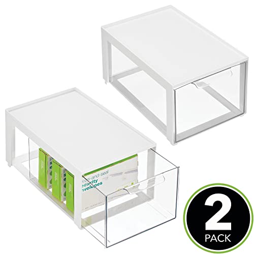 mDesign Plastic Stackable Cosmetic Storage Organizer Bin with Pull Out Drawer for Cabinet, Vanity, Shelf, Cupboard, or Cabinet Organization - Lumiere Collection - 2 Pack - White/Clear