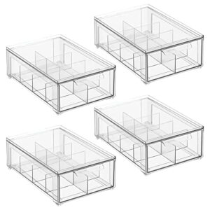 mDesign Plastic Kitchen and Pantry Organizer with Divided Drawer - Stackable Bin with 8 Sections for Tea and Snack Food - Perfect for Organizing Cabinet, Fridge - Lumiere Collection - 4 Pack - Clear