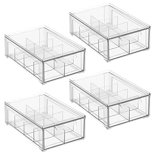 mDesign Plastic Kitchen and Pantry Organizer with Divided Drawer - Stackable Bin with 8 Sections for Tea and Snack Food - Perfect for Organizing Cabinet, Fridge - Lumiere Collection - 4 Pack - Clear