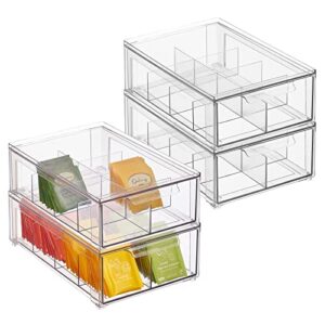 mdesign plastic kitchen and pantry organizer with divided drawer - stackable bin with 8 sections for tea and snack food - perfect for organizing cabinet, fridge - lumiere collection - 4 pack - clear