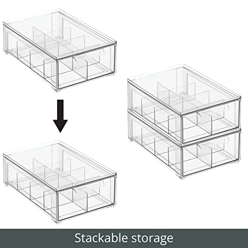 mDesign Plastic Kitchen and Pantry Organizer with Divided Drawer - Stackable Bin with 8 Sections for Tea and Snack Food - Perfect for Organizing Cabinet, Fridge - Lumiere Collection - 4 Pack - Clear