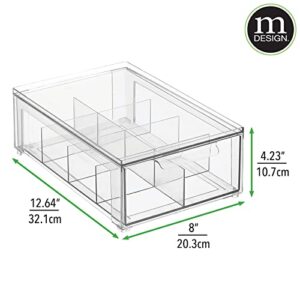 mDesign Plastic Kitchen and Pantry Organizer with Divided Drawer - Stackable Bin with 8 Sections for Tea and Snack Food - Perfect for Organizing Cabinet, Fridge - Lumiere Collection - 4 Pack - Clear