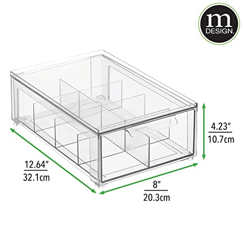 mDesign Plastic Kitchen and Pantry Organizer with Divided Drawer - Stackable Bin with 8 Sections for Tea and Snack Food - Perfect for Organizing Cabinet, Fridge - Lumiere Collection - 4 Pack - Clear