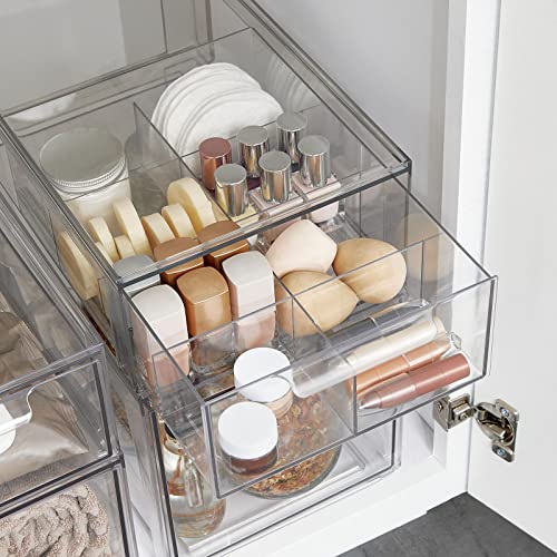 mDesign Plastic Kitchen and Pantry Organizer with Divided Drawer - Stackable Bin with 8 Sections for Tea and Snack Food - Perfect for Organizing Cabinet, Fridge - Lumiere Collection - 4 Pack - Clear