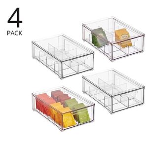 mDesign Plastic Kitchen and Pantry Organizer with Divided Drawer - Stackable Bin with 8 Sections for Tea and Snack Food - Perfect for Organizing Cabinet, Fridge - Lumiere Collection - 4 Pack - Clear