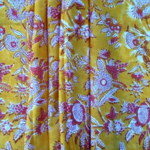 E-Tailor® Cotton Floral Print Cotton Fabric by Yard, Natural Dyes Sanganeri Indian Cotton Fabric Hand Block Printed Handmade Cotton Fabric-1 Yard-Floral-Mustard Yellow