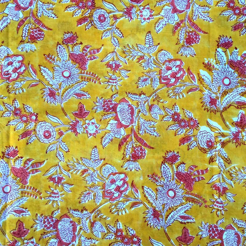 E-Tailor® Cotton Floral Print Cotton Fabric by Yard, Natural Dyes Sanganeri Indian Cotton Fabric Hand Block Printed Handmade Cotton Fabric-1 Yard-Floral-Mustard Yellow