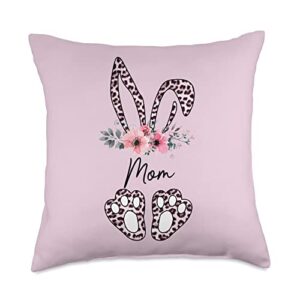 cute mom easter bunny floral crown leopard print mom bunny floral crown leopard print happy easter throw pillow, 18x18, multicolor