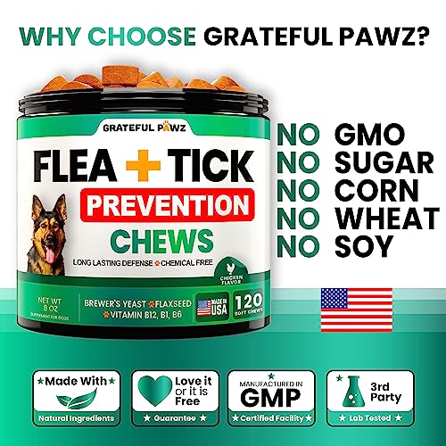 Flea and Tick Prevention for Dogs Chewables - Natural Dog Flea & Tick Control Supplement - Flea and Tick Chews for Dogs - Oral Flea Pills for Dogs - All Breeds and Ages - Soft Tablets - Made in USA