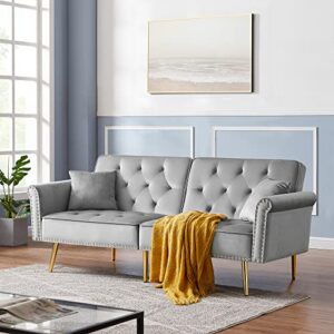 kakotito tufted velvet sofa bed sleeper with 2 pillows, luxury loveseat couch, splitback futon for living room & office, convertible futon with vintage nailhead trim and metal legs (gray)