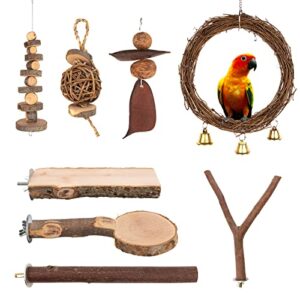 8pack natural wood parrot toys set,including bird perches,bird swing,flat bird perch,bird chewing toys.bird cage accessories suitable for parakeets,cockatiels,finches,budgie,love birds (8-pack)