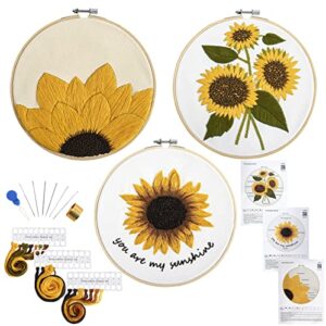 Armindou 3 Sets Embroidery Starter Kits with Sunflower Pattern for Adults Beginners, Floral Stamped Cross Stitch Kit Hand DIY Needlepoint Kit, 3 Embroidery Hoops, 3 Embroidery Fabric, Needles, Threads