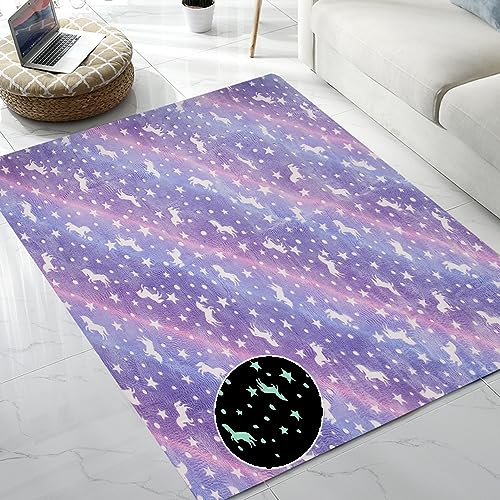 QH Purple Seamless Unicorn Pattern Glow in The Dark Area Rug Area Rug for Living Room Bedroom Playing Room Size 5'x6'