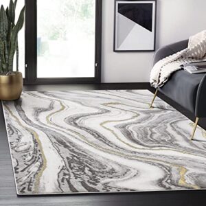 abani contemporary grey & metallic gold marble area rug, 5'3" x 7'6"(5'x8') non-shed modern rugs marble print dining room rug