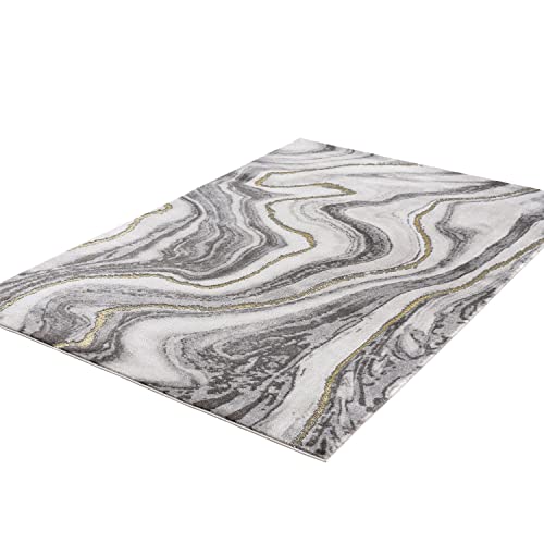 Abani Contemporary Grey & Metallic Gold Marble Area Rug, 5'3" x 7'6"(5'x8') Non-Shed Modern Rugs Marble Print Dining Room Rug